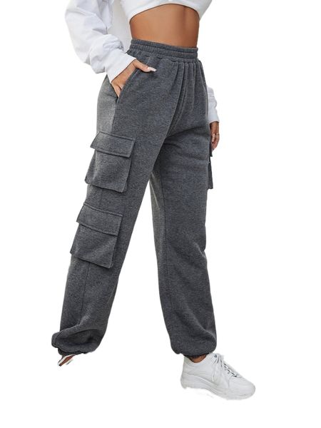 

solid pocket patched elastic waist sweatpants g5tu#, Black;white