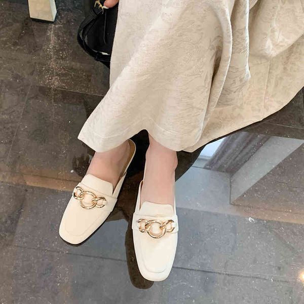 

sandals summer style wear metal chain flat bottom muller shoes baotou low heel half slipper litchi pattern square head sandal wtad, Black