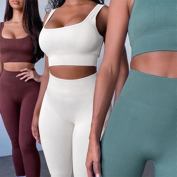 

white yoga sets sport femme rib activewear set girls seamless fitness suit workout clothes athletic wear women seamless gym set 220510, Gray