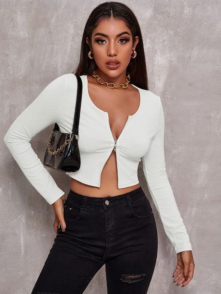 

zip up rib-knit crop 4958#, White
