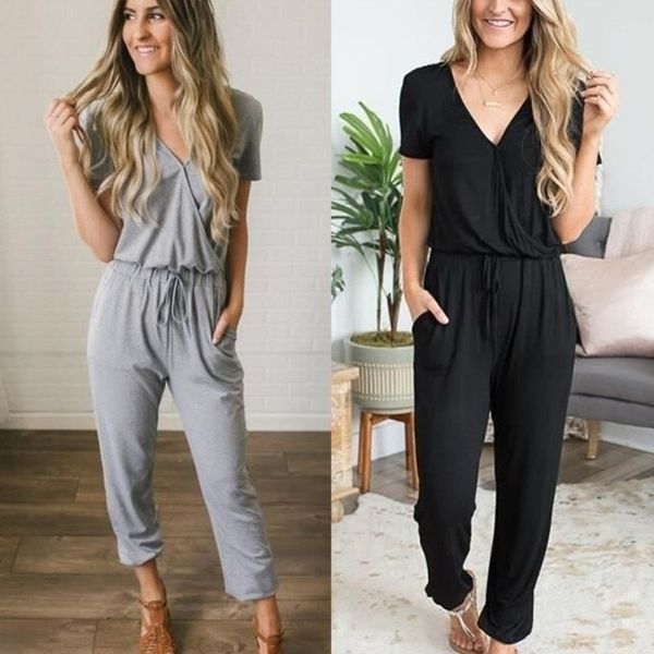 

short sleeve jumpsuit women long romper summer lady fashion black trousers beach jumpsuit coveralls female frock y200106, Black;white