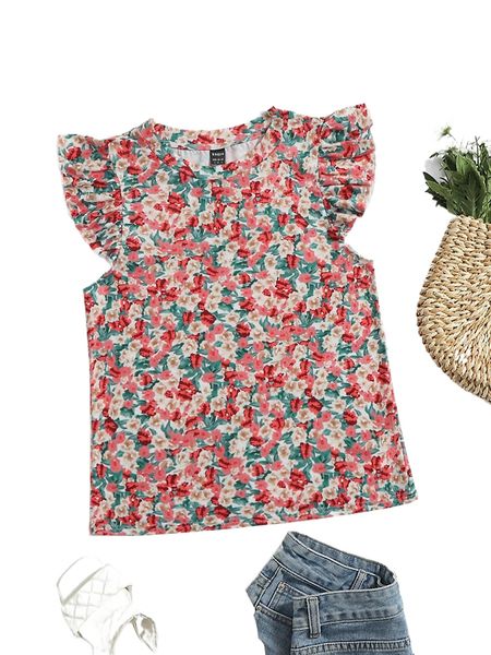 

allover floral print butterfly sleeve tee y7fp#, White