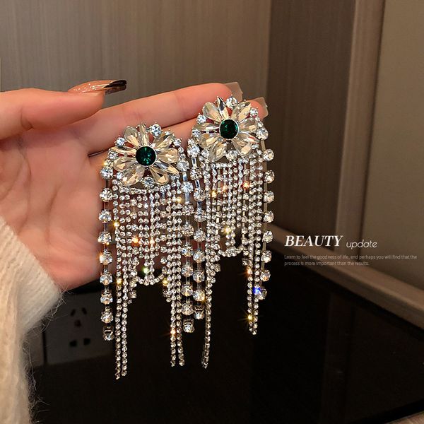 

925 silver stud rhinestone-encrusted flower tassel earrings european and american exaggerated new earrings retro ornate cyber celebrity styl, Golden