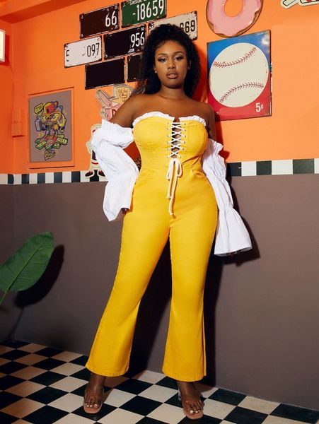 

sxy plus lace up ruffle detail flare leg overalls 954h#, Black;white