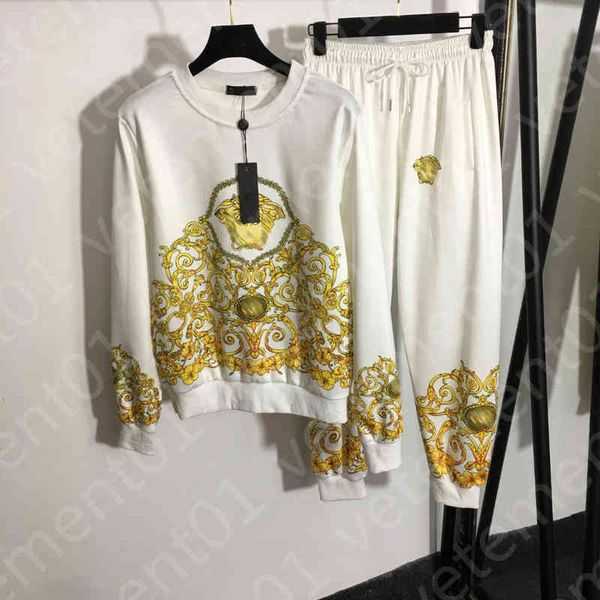 

designer womens two piece pants brand logo fashion printed cotton long sleeve t-shirt slim fit high waist pant set vintage style luxury wome, White