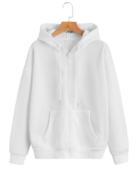 

solid drawstring zip up drop shoulder hoodie b8ns#, Black