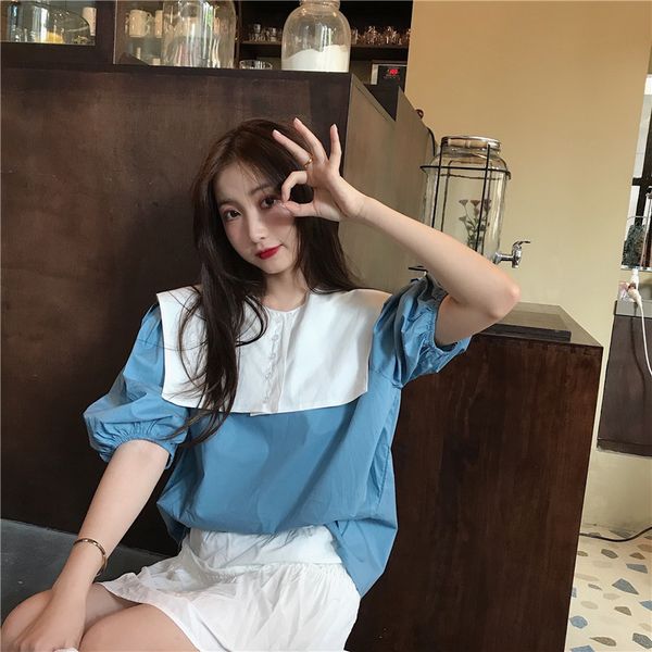 

casual sailor collar solid puff sleeve summer pullover loose college wind all match street short women blouses 210426, White