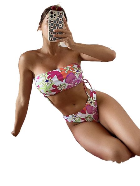 

floral drawstring bandeau bikini swimsuit 40zj#, White;black