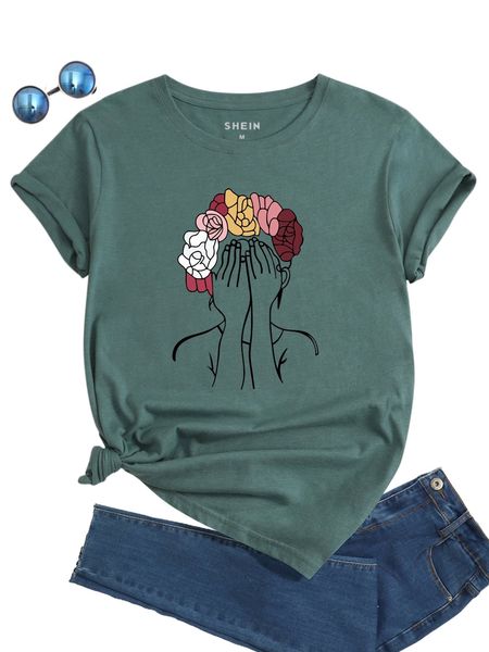 

floral & figure graphic tee s9h3#, White