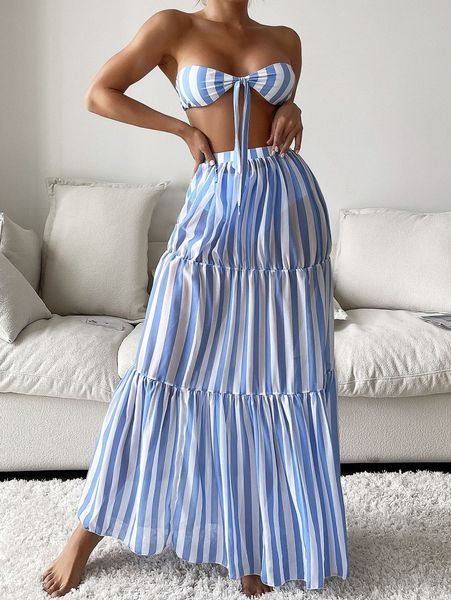 

3pack striped knot front bandeau bikini swimsuit & beach skirt b8kp#, White;black