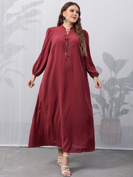 

plus lantern sleeve grommet lace up tunic dress r2af#, Black