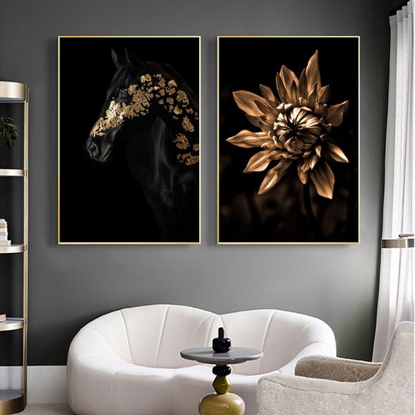 Fiore d'oro e cavallo nero su tela dipinto moderno soggiorno decorazione poster stampe immagini di arte della parete per il design per la casa