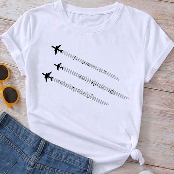 

fashion graphic t shirt plane lovely sweet clothes summer tee ladies cartoon clothing short sleeve women t-shirt female top, White