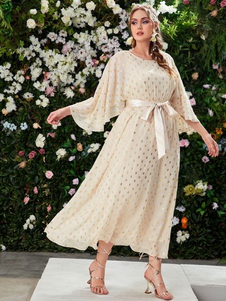 

plus gold dot belted butterfly sleeve dress m0es#, Black
