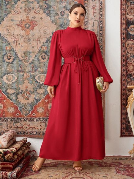 

plus mock neck lantern sleeve belted dress k4lz#, Black