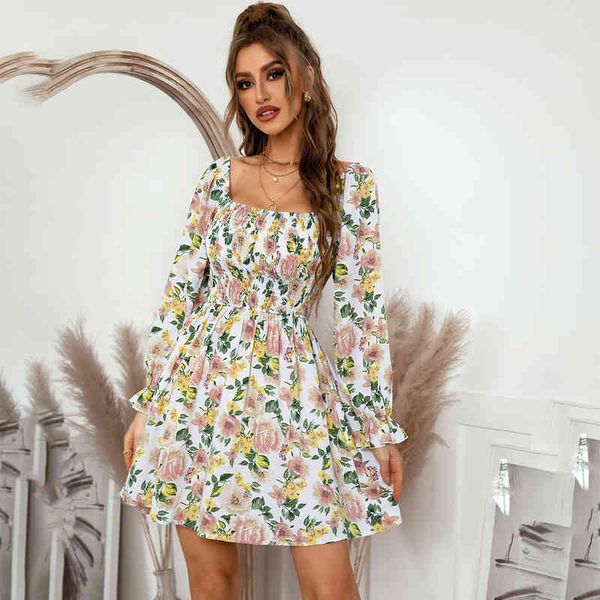 

casual dresses floral long sleeve dress women backless white beach mini a-line dress elegant square collar party dresses spring 2022 new vuk, Black;gray