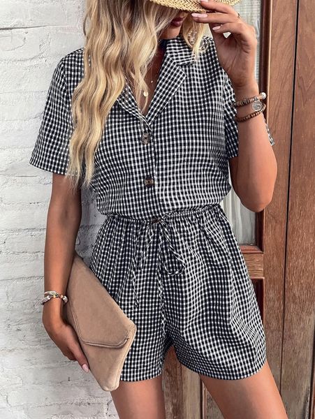 

gingham lapel neck button front romper b20a#, Black;white