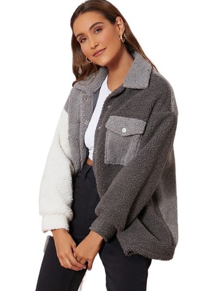 

flap pocket single breasted colorblock teddy coat g65i#, Black