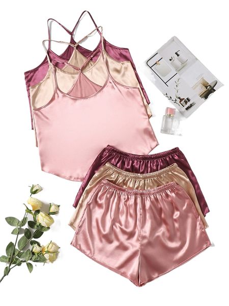 

3sets solid satin cami & shorts pj set 43lp#, Black;red