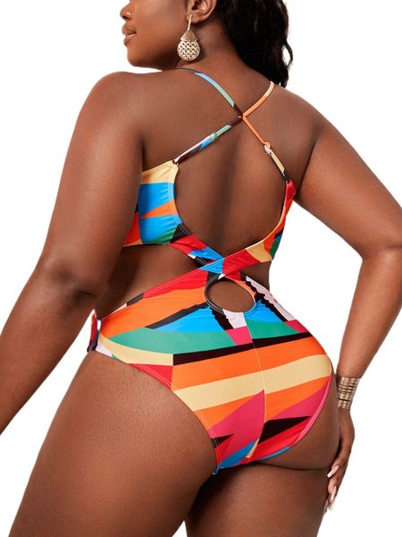 

plus geo print crisscross backless one piece swimsuit a2xy#, White;black