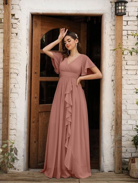 

flutter sleeve draped ruffle trim chiffon maxi dress o5ry#, Black;gray
