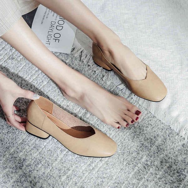 

dress shoes spring and summer genuine leather square head shallow mouth women's shoes thick heel grma's leisure comfortable 6733, Black