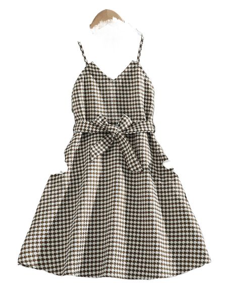 

girls flounce sleeve blouse & plaid print belted cami dress q3wx#, Black;white