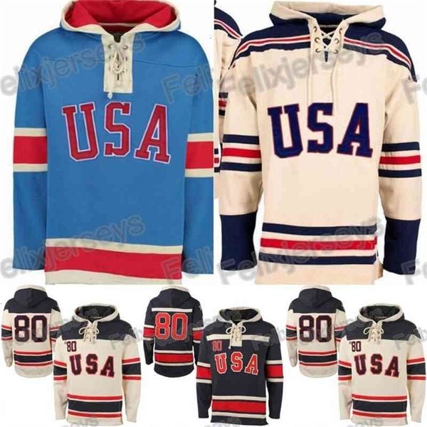 VipCeoThr 1980 Miracle On Team USA Eishockey-Trikots Hockey-Trikot-Hoodies Benutzerdefinierter Kapuzenpullover mit beliebigem Namen und beliebiger Nummer, genähter Sportpullover