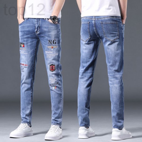 

men's jeans designer 2022 summer new trendy jeans men's thin embroidery print korean slim straight trend versatile pants z3wx, Blue