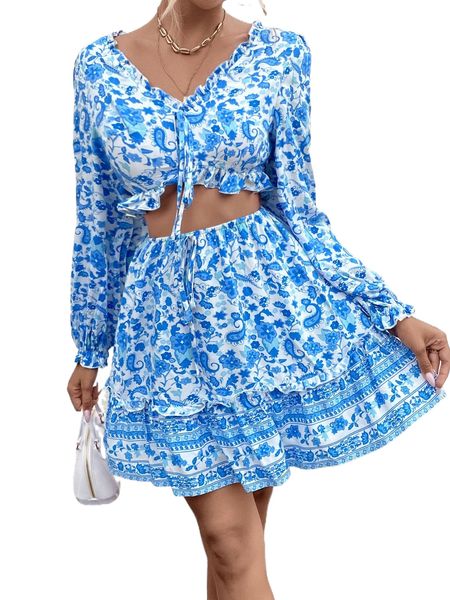 

random floral & paisley print frill trim flounce sleeve & skirt z4oy#, White