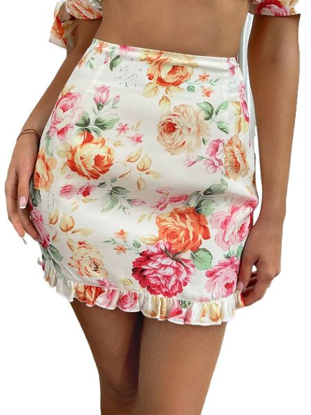 

floral print ruffle hem bodycon skirt w2gb#, Black