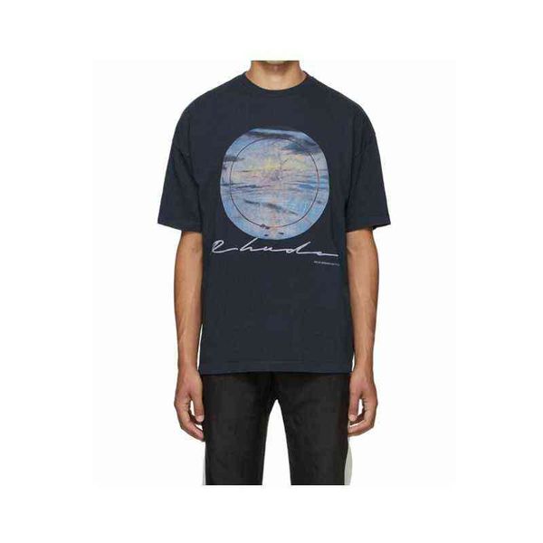 

correct version 2022 summer new fashion brand rhude sunset printed high street men's and women's short sleeved t-shirt, White;black