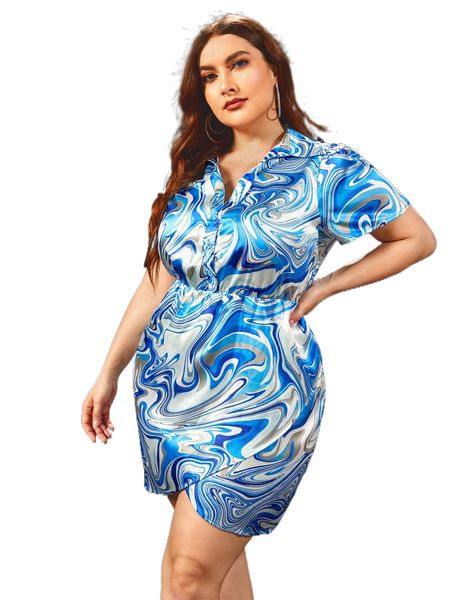 

plus marble print wrap satin shirt dress c7l7#, Black