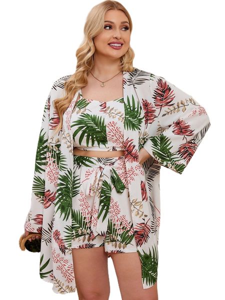 

plus tropical print cami & tie front shorts & kimono y73g#, Black