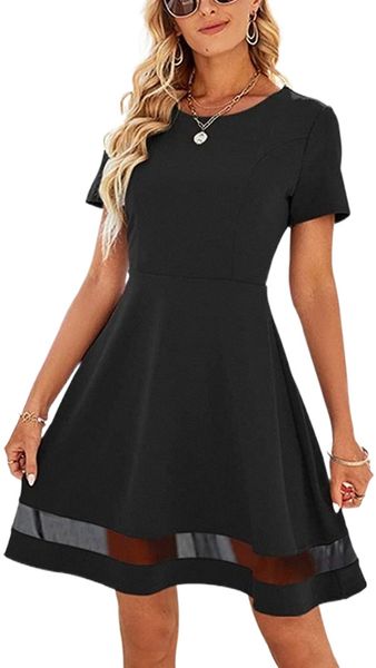 

women's short sleeve fit and flare sheer mesh cocktail party knee length skater dress 83ug#, Black;gray