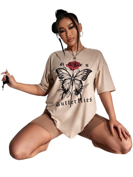 

letter & butterfly print drop shoulder tee d0y9#, White