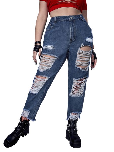 

plus ripped raw hem jeans l1d2#, Blue