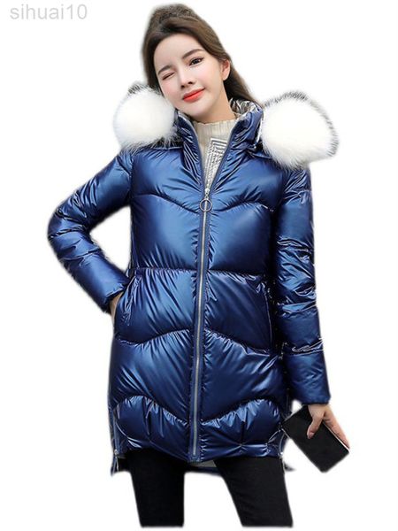 

shiny no wash down cotton jacket women winter new korean version mid-length bread coat hooded big fur collar warm jacket l220730, Black
