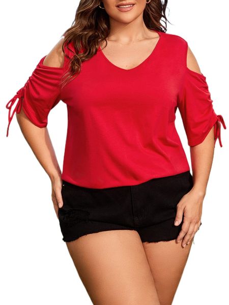 

plus cold shoulder drawstring sleeve tee q89i#, Black