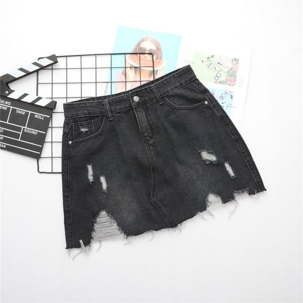 

summer black hole style was thin denim skirt halflength denim skirt 894 y200512, White;black