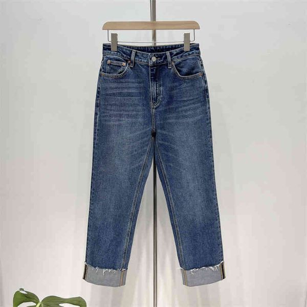 

women's jeans penny quality jeans waist straight tube women's loose hem nine point high pants, Blue