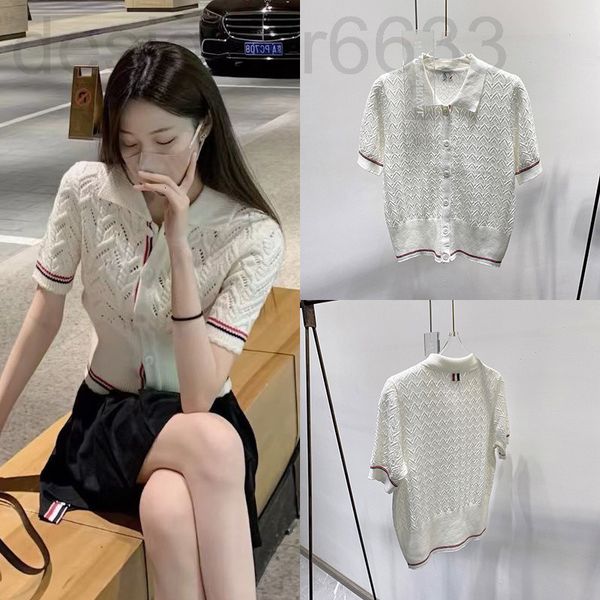 

women's knits & tees designer tb summer lapel wool thread sweater women's short sleeve t-shirt ins design cnoo, White