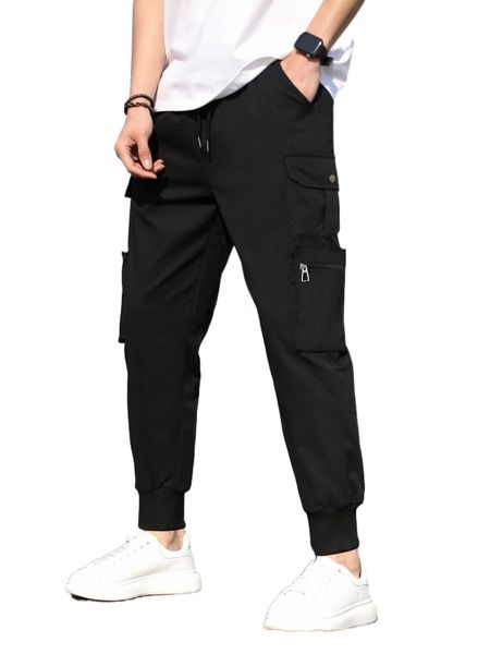 

men flap pocket drawstring waist pants r64l#, Black