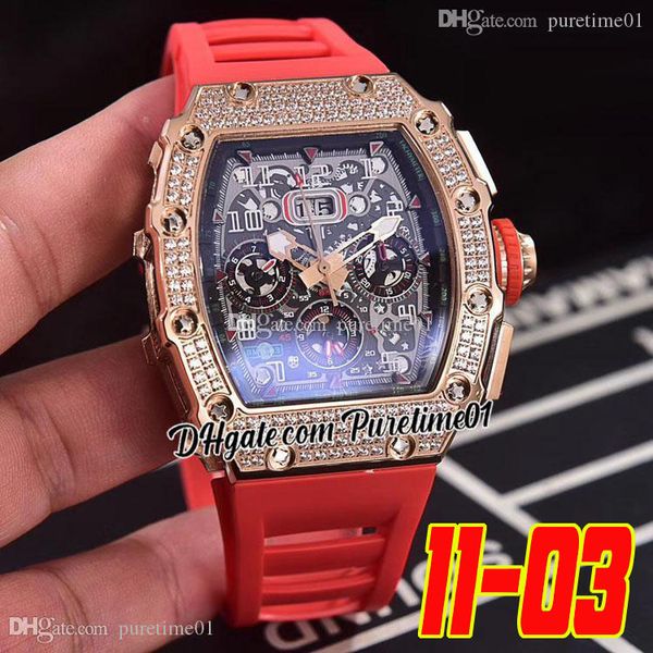 

2022 miyota automatic mens watch rose gold diamonds bezel big date black skeleton dial red rubber strap super edition 6 styles puretime01 11, Slivery;brown