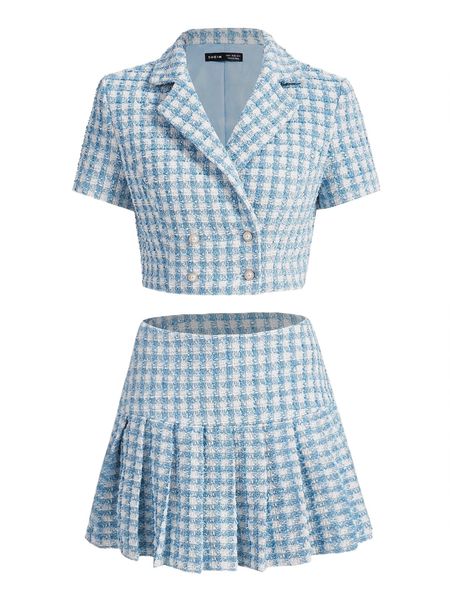 

plaid pattern crop blazer & wide waistband pleated skirt o2pj#, White