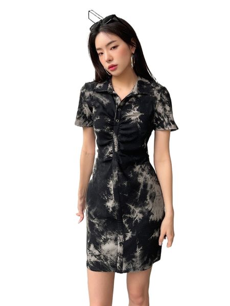 

dazy tie dye button front dress a8kz#, Black;gray
