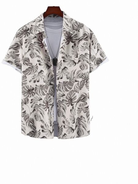

men random tropical print shirt & drawstring waist shorts without tee 46g5#, Gray