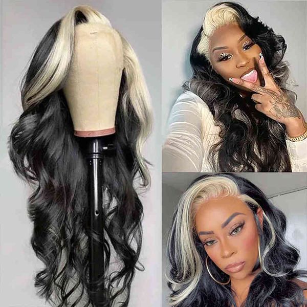 

skunk stripe human hair wig body wave blonde lace front x frontal b colored for 220606, Black