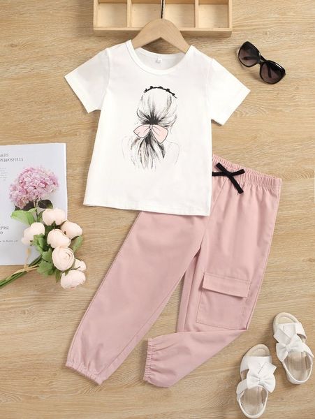 

toddler girls figure graphic tee & flap pocket bow front carrot pants she, White