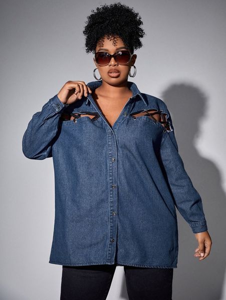 

plus grommet lace up drop shoulder button front denim z5ha#, White